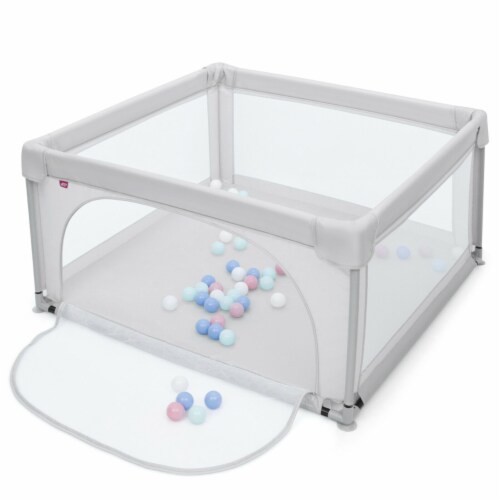 Gymax Baby Playpen Infant Large Safety Play Center Yard w/ 50 Ocean Balls Grey Perspective: front
