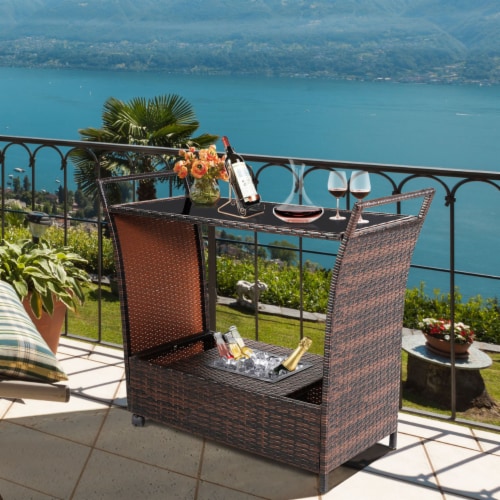 Rattan Patio Bar Cart Beverage Bar Counter Table w Wheels Ice Bucket 1 unit Foods Co