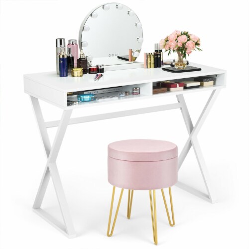 Vanity Table Set Writing Desk Makeup Table w/Round Storage Ottoman Pink Perspective: front