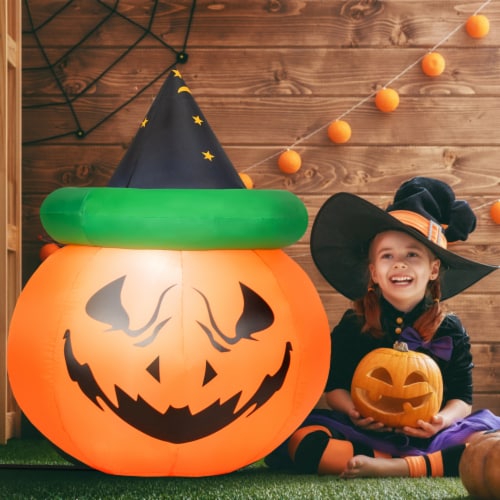 Costway 4ft Inflatable Pumpkin Halloween Decoration w/ Witch Hat LED ...