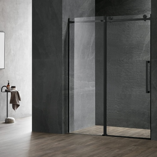 Serene Valley 48 x 74 Inch Square Rail Frameless Sliding Shower Door, Black Perspective: front