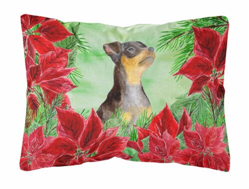 Miniature Pinscher #2 Poinsettas Canvas Fabric Decorative Pillow Perspective: front