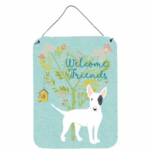 Welcome Friends White Patched Bull Terrier Wall or Door Hanging Prints Perspective: front