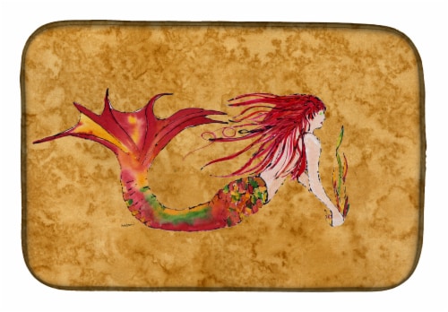 Carolines Treasures 8727DDM Ginger Red Headed Mermaid on Gold Dish Drying Mat Perspective: front