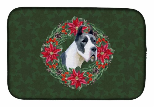 Carolines Treasures CK1509DDM Harlequin Great Dane Poinsetta Wreath Dish Drying Perspective: front