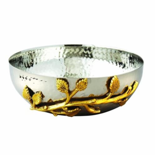 Elegance Gilt Leaf Hammered Stainless Steel Salad Bowl, Silver & Gold Perspective: front