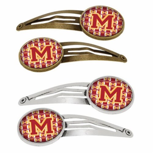 Letter M Football Cardinal & Gold Barrettes Hair Clips, Set of 4 Perspective: front