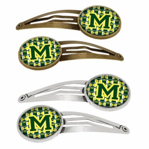 Letter M Football Green & Yellow Barrettes Hair Clips, Set of 4 Perspective: front