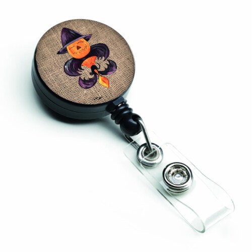 Halloween Pumpkin Bat Fleur De Lis Retractable Badge Reel Perspective: front