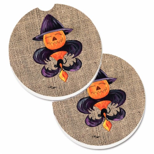 Halloween Pumpkin Bat Fleur De Lis Set of 2 Cup Holder Car Coaster Perspective: front