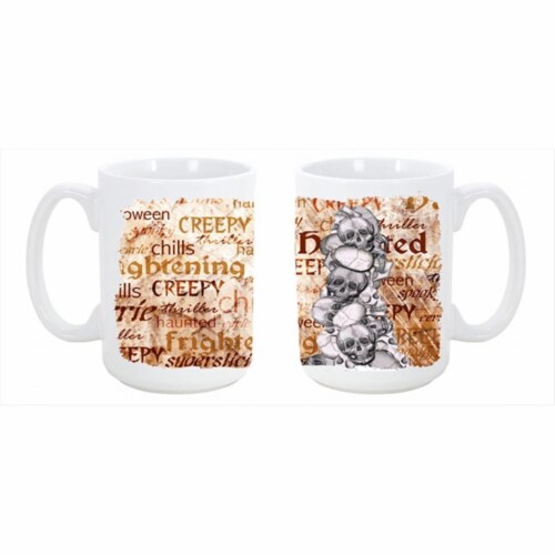 Creepy, Haunted and Frightful with skulls Halloween Dishwasher Safe Microwavable Ceramic Coff Perspective: front