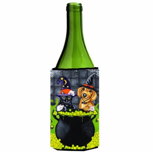 Brewing Up Trouble Halloween Dachshund Wine Bottle Can cooler Hugger Perspective: front