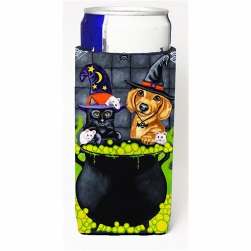 Brewing Up Trouble Halloween Dachshund Michelob Ultra Can coolers for Slim Cans Perspective: front