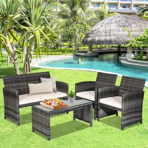 4PCS Patio Rattan Furniture Set Conversation Glass Table Top