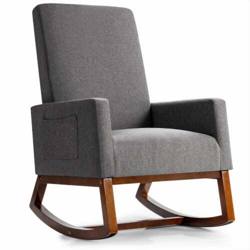 Costway Mid Century Retro Fabric Upholstered Rocking Chair Nursery Armchair Gray Perspective: front