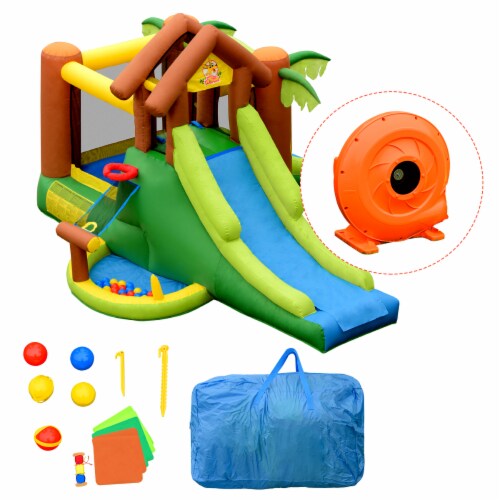 Inflatable Bounce House Jungle Jumping Bouncer Double Slides Park w/ Blower Perspective: front