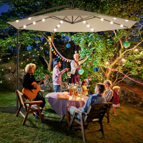 10Ft Patio Solar LED Outdoor Offset Hanging Umbrella w 24 Lights