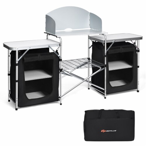 Goplus Folding Portable Aluminum Camping Grill Table w/ Storage Organizer Windscreen Perspective: front