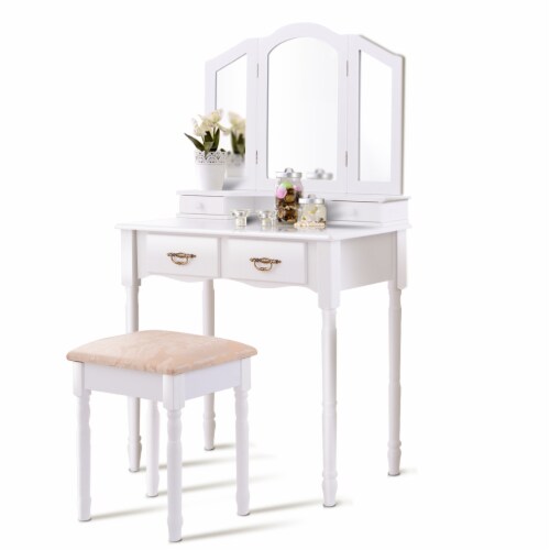 Gymax Vanity Makeup Dressing Table Stool Set w/ Folding Mirror 4 Drawers White/Black White Perspective: front