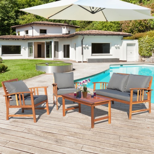4PCS Wooden Patio Furniture Set Table Sofa Chair Cushioned Garden NEW 1 unit QFC