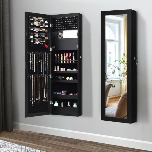 Wall Door Mounted Lockable Jewelry Cabinet Armoire Organizer w LED