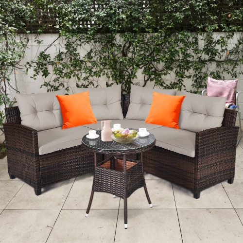 4PCS Patio Furniture Set Outdoor Rattan Sectional w Cushioned