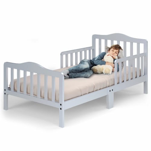 Costway Kids Toddler Wood Bed Bedroom Furniture w/ Guardrails Black\Brown\Grey\ White Gray Perspective: front