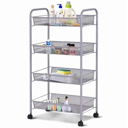 Costway 4 Tier Storage Rack Trolley Cart Home Kitchen Organizer Utility Baskets Silver Steel Perspective: front