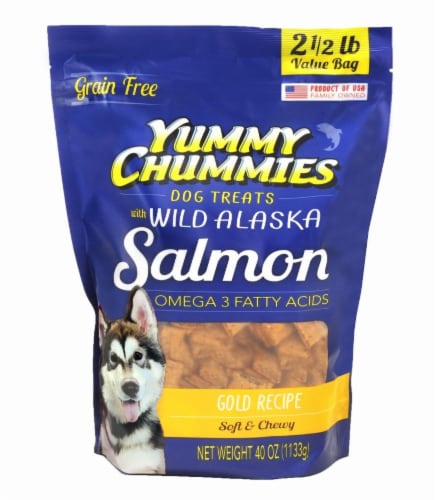 Yummy Chummies Grain Free Soft & Chewy Gold Recipe Salmon Dog Treats Perspective: front