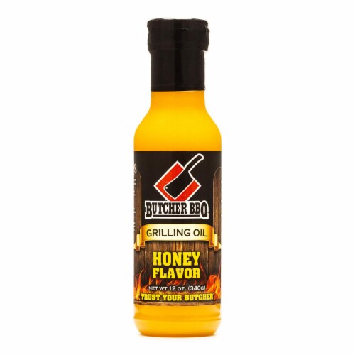Butcher BBQ Honey Flavor Grilling Oil 12 Oz Bottle Competition Rated MSG Free Perspective: front