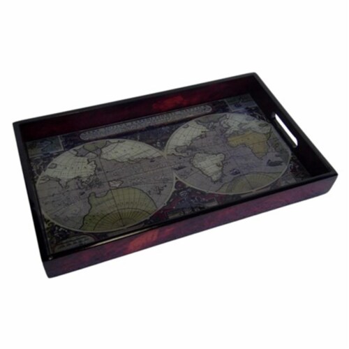 Wood Tray with Glass Top Map Design - 9.5 x 1.75 x 15.75 in. Perspective: front