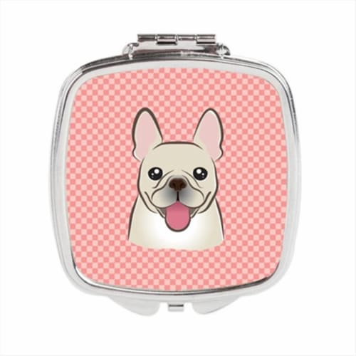 Checkerboard Pink French Bulldog Compact Mirror, 2.75 x 3 x .3 In. Perspective: front