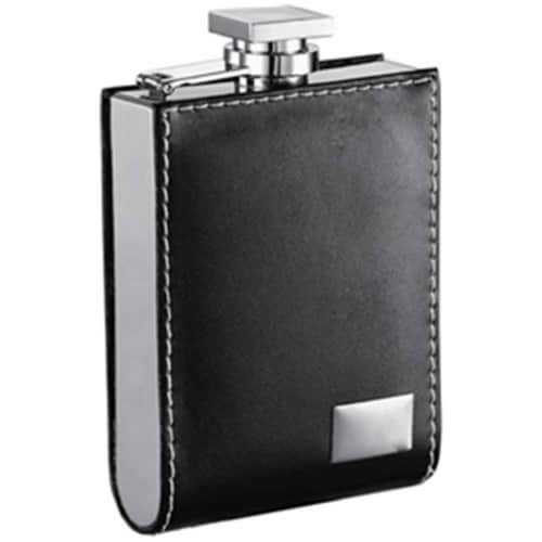Wallet Black Leatherette 6oz Liquor Flask with Engraving Plate Perspective: front