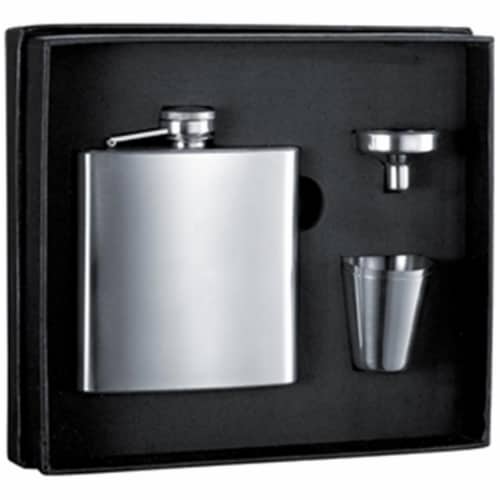 6 oz Stainless Steel Flask Gift Set With Two Shot Cups & Funnel Perspective: front