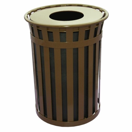 Oakley Basic Slatted Metal Waste Receptacle with Flat Top Lid 50 Gallon - Brown Perspective: front