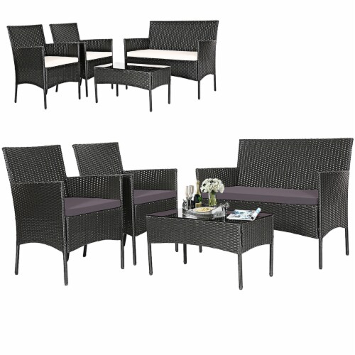 4PCS Outdoor Furniture Set Patio Rattan Conversation Set w/ Grey & Off White Cushion Perspective: front