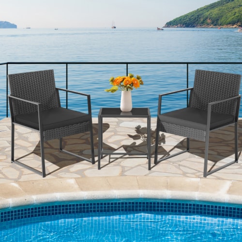 3PCS Patio Rattan PE Wicker Bistro Set Outdoor Furniture Set w/ Table & Cushion Perspective: front