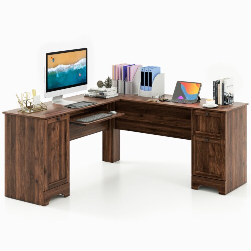 66.5'' L Shaped Home Office Desk Corner Computer Desk Drawer Keyboard Tray Walnut Perspective: front