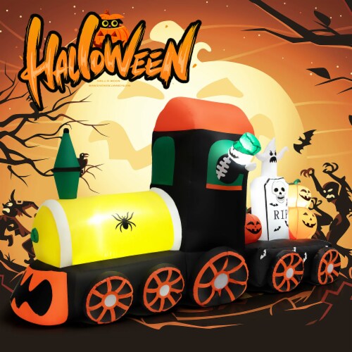 Costway 8ft Long Halloween Inflatable Skeleton Ride on Train LED Lighted Halloween Decor Perspective: front