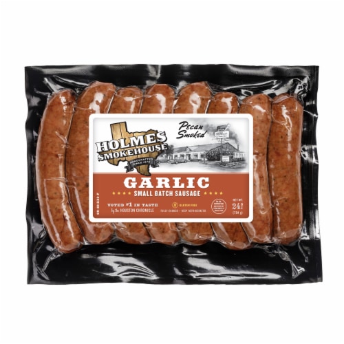 Holmes Smokehouse Pecan Smoked Garlic Small Batch Sausage Perspective: front