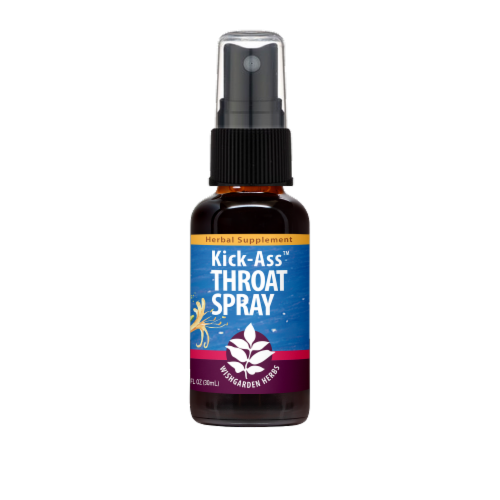 WishGarden Herbs Kick-Ass™ Throat Spray Herbal Supplement Perspective: front
