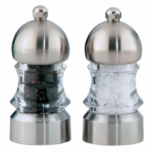 3.5 inch - 9cm Metro - Acrylic/Brushed Steel Pepper Mill/Salt Shaker Set Perspective: front