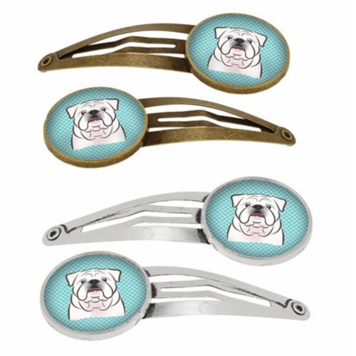 Checkerboard Blue White English Bulldog Barrettes Hair Clips, Set of 4 Perspective: front