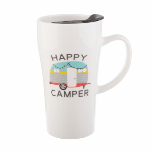 Pacific Market International Happy Camper Latte Mug with Lid - White Perspective: front