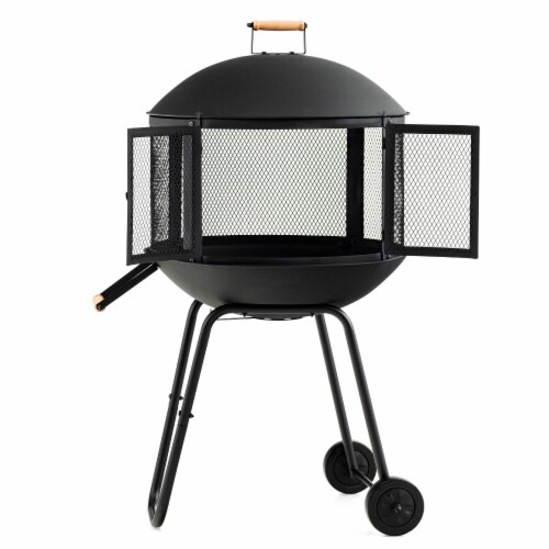 Slickblue 28 Inch Portable Fire Pit on Wheels with Log Grate-Black Perspective: front