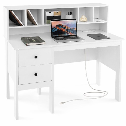 Slickblue 48 Inch Computer Desk with Drawers Power Outlets and 5 Cubby Hutch 1 Unit Gerbes Super Markets