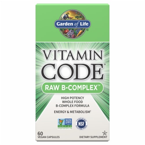 Garden of Life Vitamin Code Raw B-Complex, B12, Biotin, High Potency, Energy & Metabolism, Capsules Perspective: front