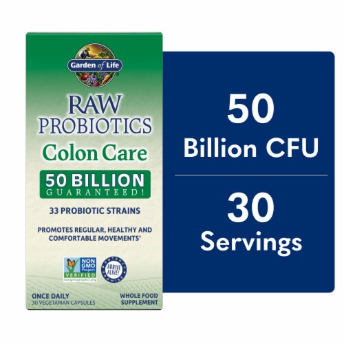 Garden of Life Raw Probiotics Colon Care, Digestive Enzymes, Once Daily Capsules, 50 Billion CFU Perspective: front