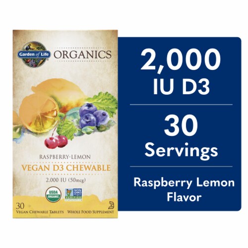 Garden of Life® myKind Vegan D3 Raspberry-Lemon Chewable Tablets 50mcg Perspective: front
