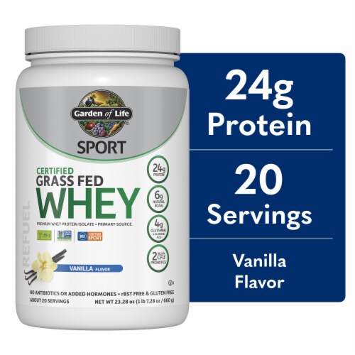 Garden of Life SPORT Certified Grass Fed Whey with Premium Isolate 24g Protein Vanilla Powder Perspective: front